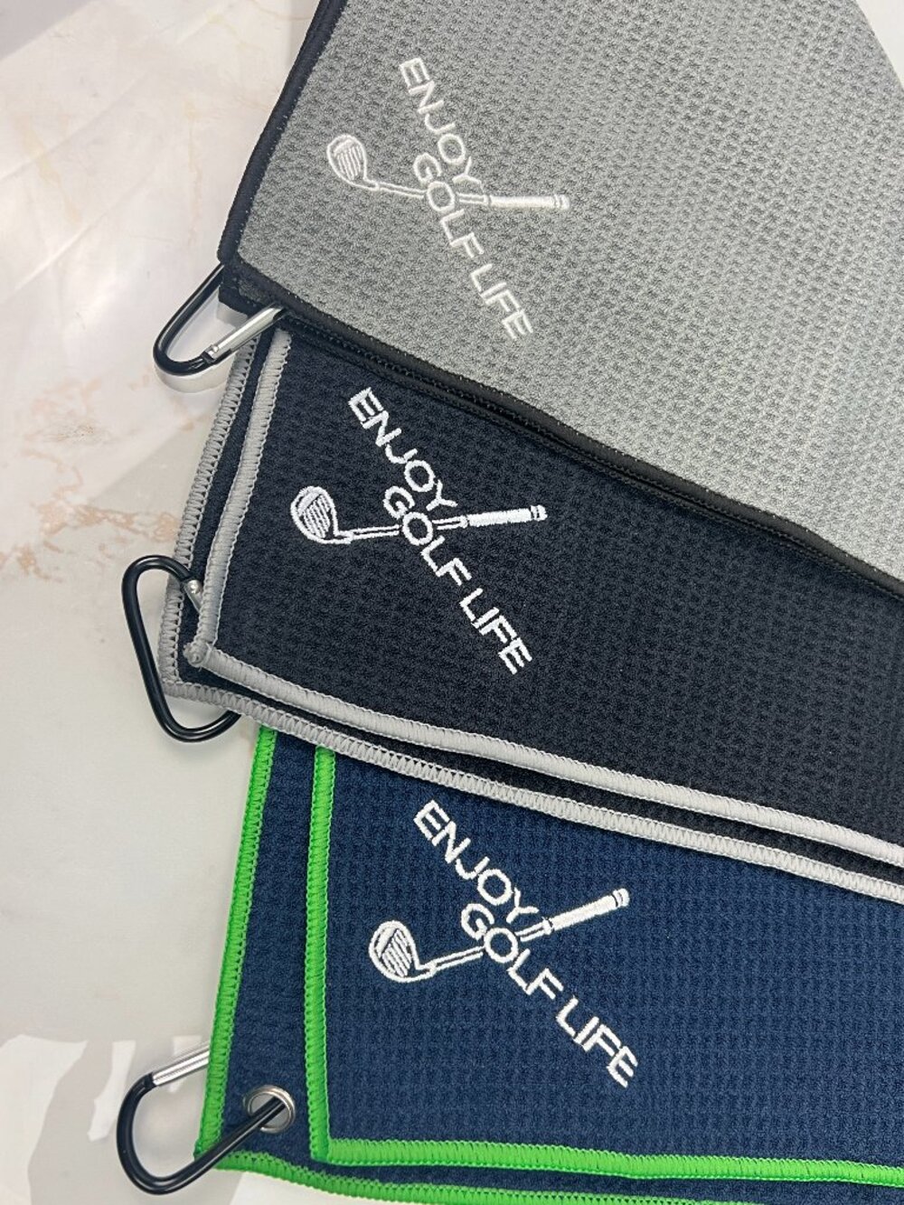 NEW 3Pk Golf Towels "Enjoy Golf Life" Absorbent Microfiber Carabiner Clip Gear